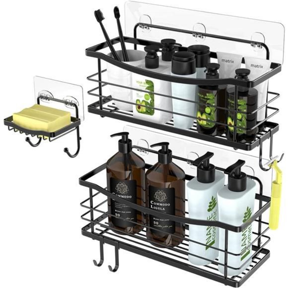 Adhesive Shower Caddy Basket Shelf with 4 Hooks for Shampoo Soap Dish Holder - Picture 1 of 7